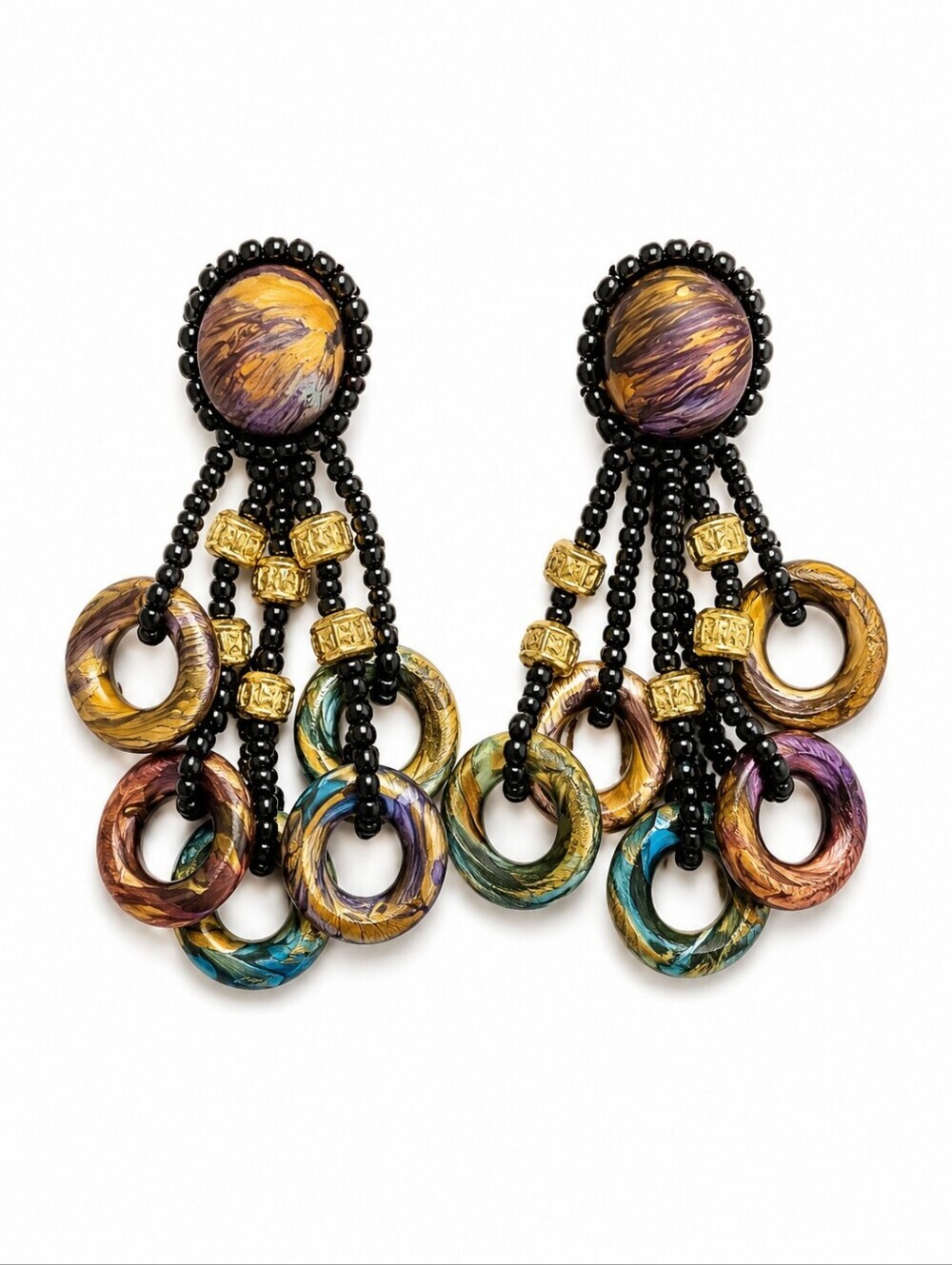 VTG CHIPITA 1980s Artisan Acrylic Ring Beaded Post Dangle Earrings